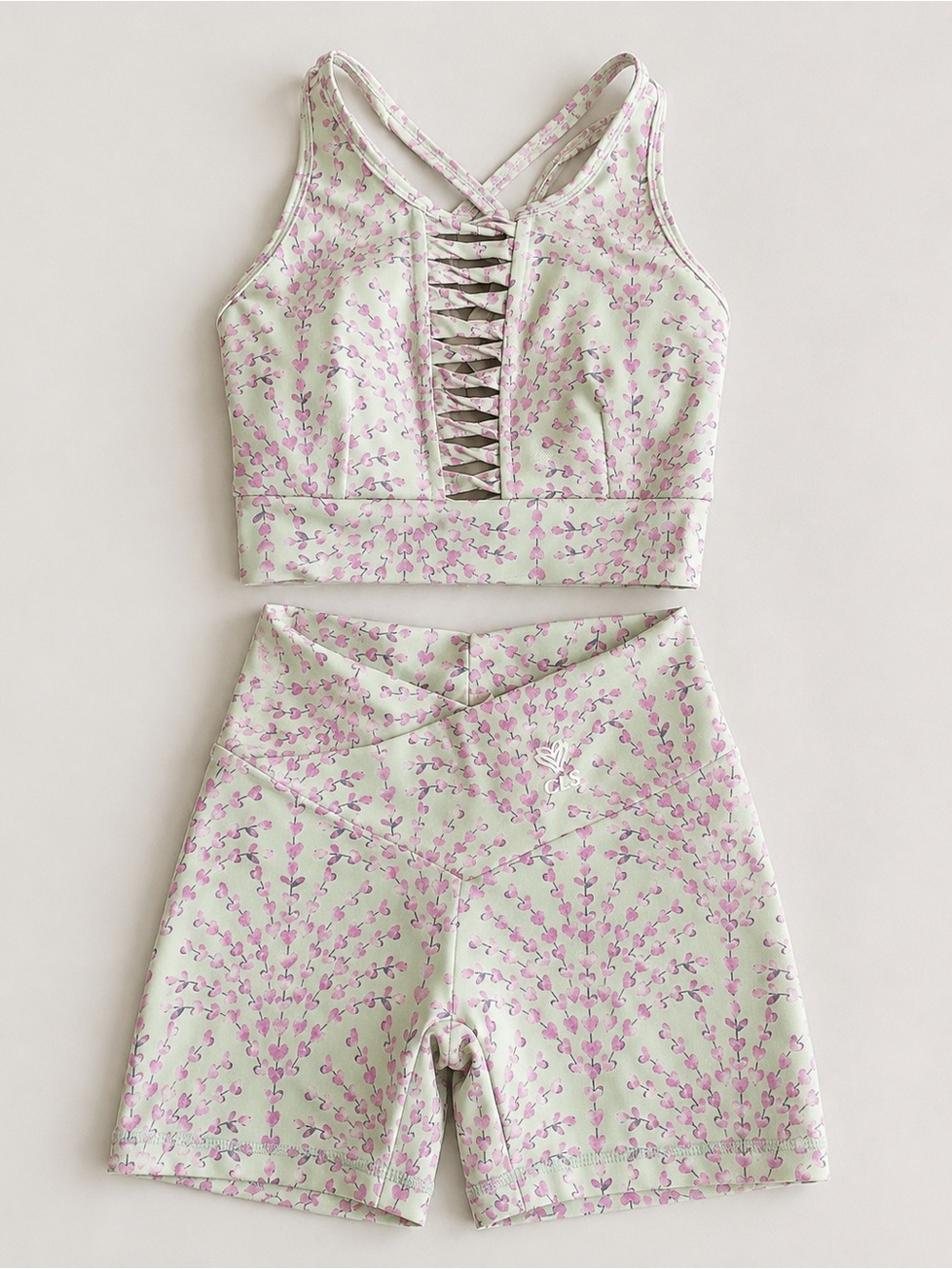 CLS Sportswear Mint Floral Scrunch Biker Short + Sports Bra Set